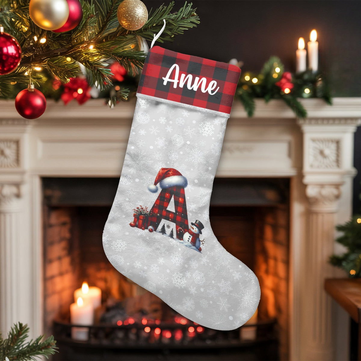 Buffalo Plaid Monogram Stocking, Personalized Letter A Christmas Stocking, Custom Name Holiday Stocking, Rustic Family Christ
