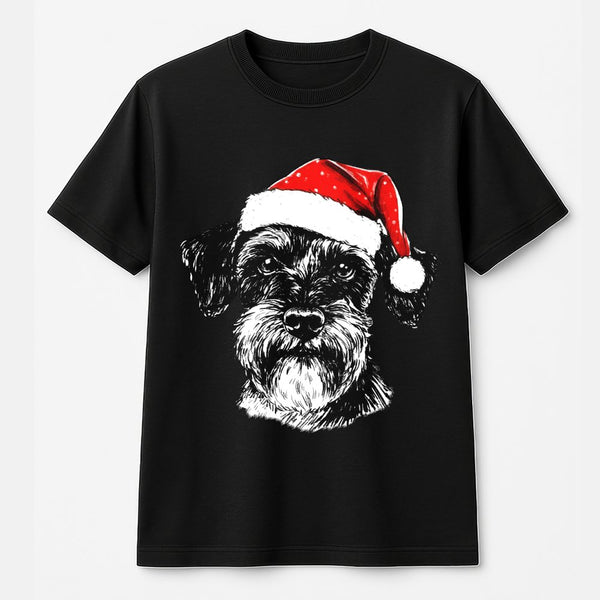 Santa Hat Dog T-Shirt, Schnauzer Christmas T-Shirt, Humorous Schnauzer Puppy T-Shirt, Adorable Holiday Dog Graphic Tee, Festi