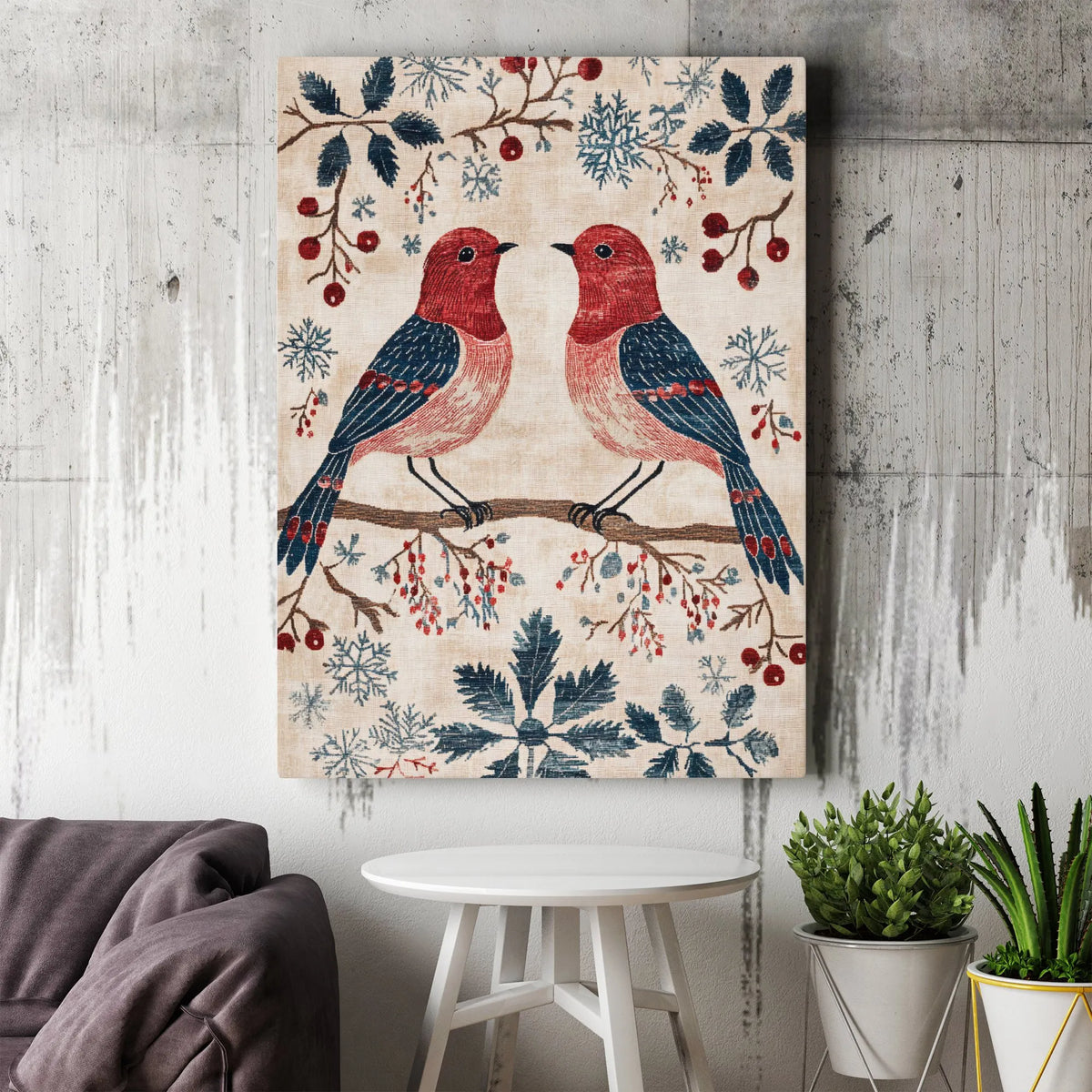 Winter Birds Wall Art, Winter Birds Folk Art Canvas Print, Winter Birds Holiday Poster, Christmas Canvas Print, Digital Downl