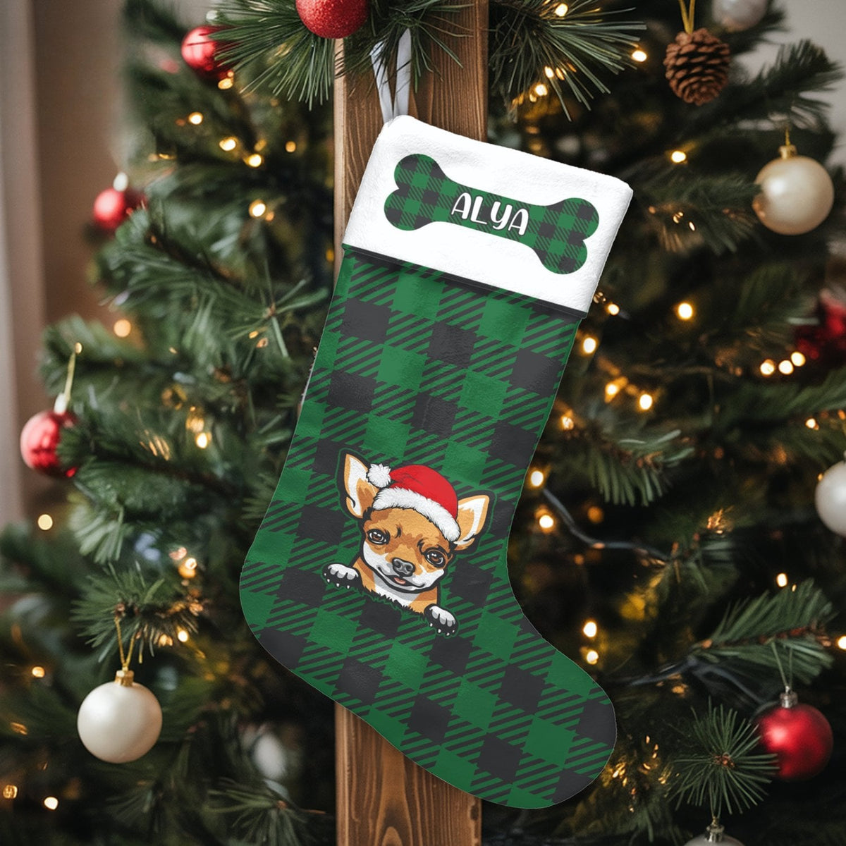 Personalized Dog Christmas Stocking, Chihuahua Christmas Stocking, Green Buffalo Plaid Pet Stocking, Custom Puppy Holiday Dec