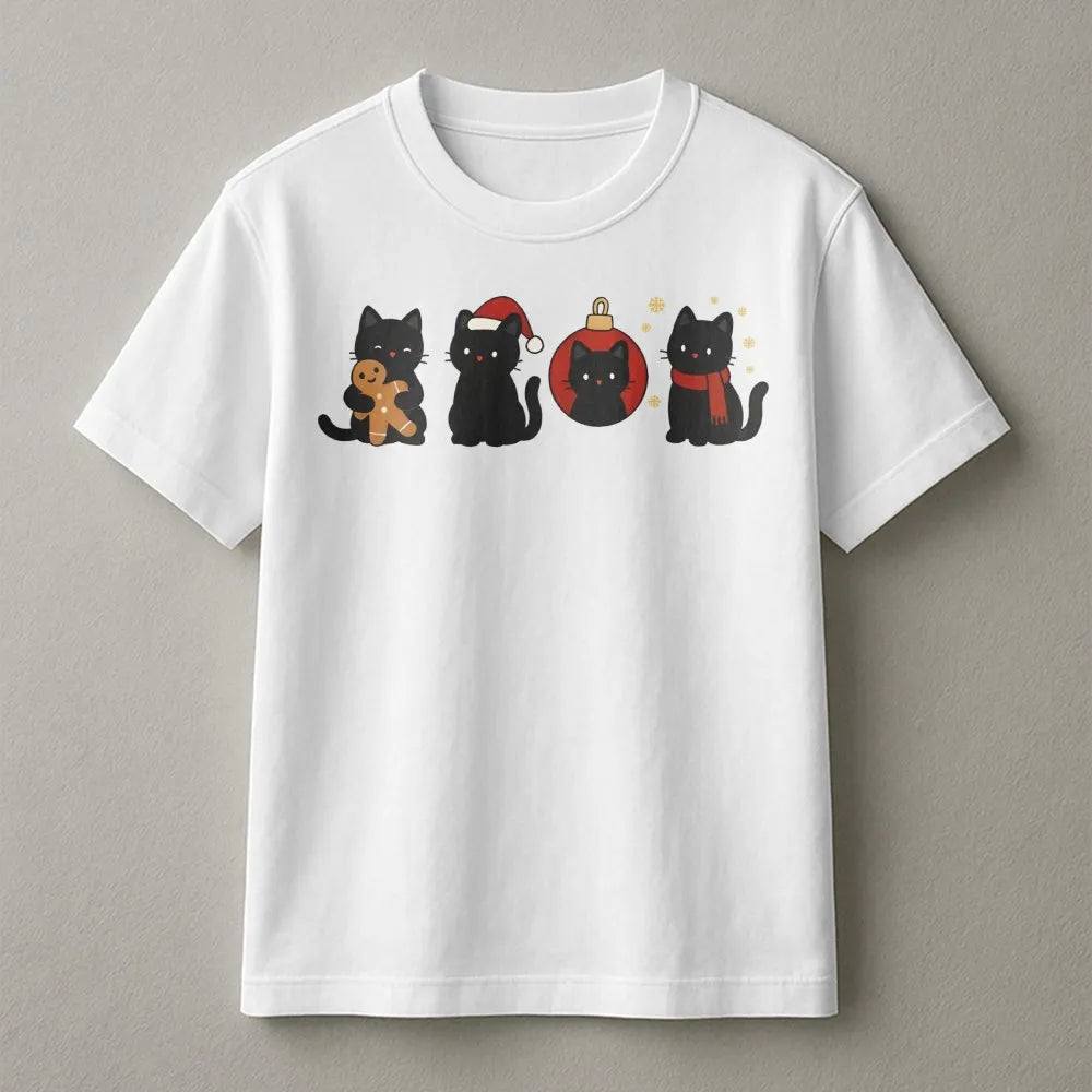 Festive Holiday Cat Christmas Shirt, Black Cat Christmas T-Shirt, Adorable Kitten Xmas Graphic Tee, Retro Christmas Cat T-Shi
