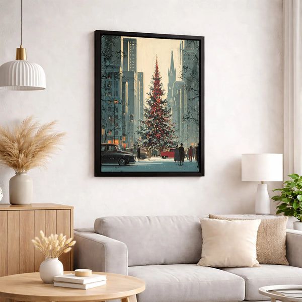 Retro New York Holiday Street Scene Print, Vintage NYC Christmas Canvas Art, Winter NYC Tree Canvas Wall Art, Festive City Wa