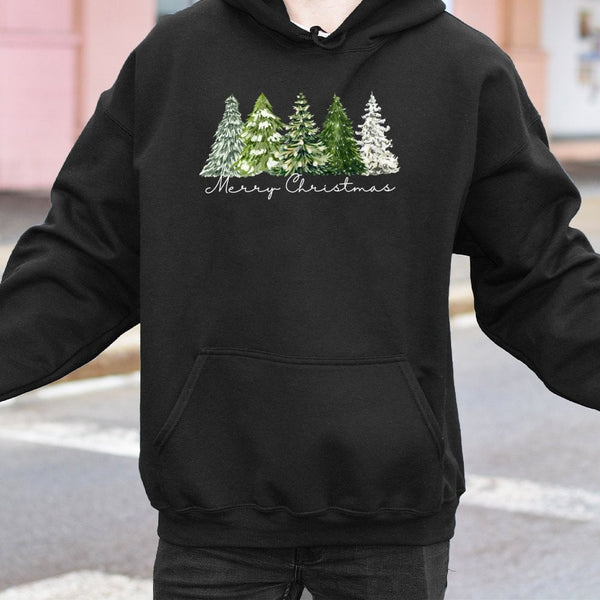 Comfy Botanical Holiday Tree Pullover, Watercolor Christmas Tree Hoodie, Merry Christmas Graphic Hooded Sweatshirt, Festive W