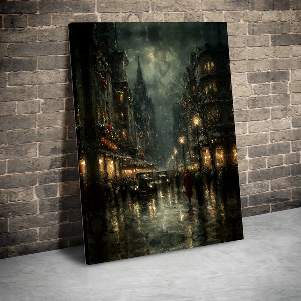 Moody Dark Academia Canvas Art, Vintage Christmas City Canvas Print, Snowy Winter Street Canvas, Holiday Wall Decor, Winter S