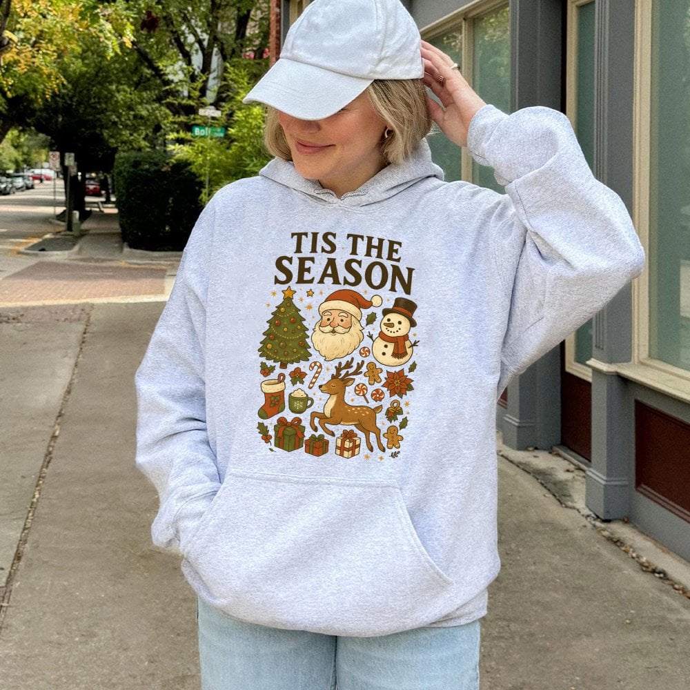 Retro Santa and Snowman Hoodie, Tis the Season Christmas Hoodie, Vintage Holiday Graphic Hooded Sweatshirt, Comfy Winter Pull