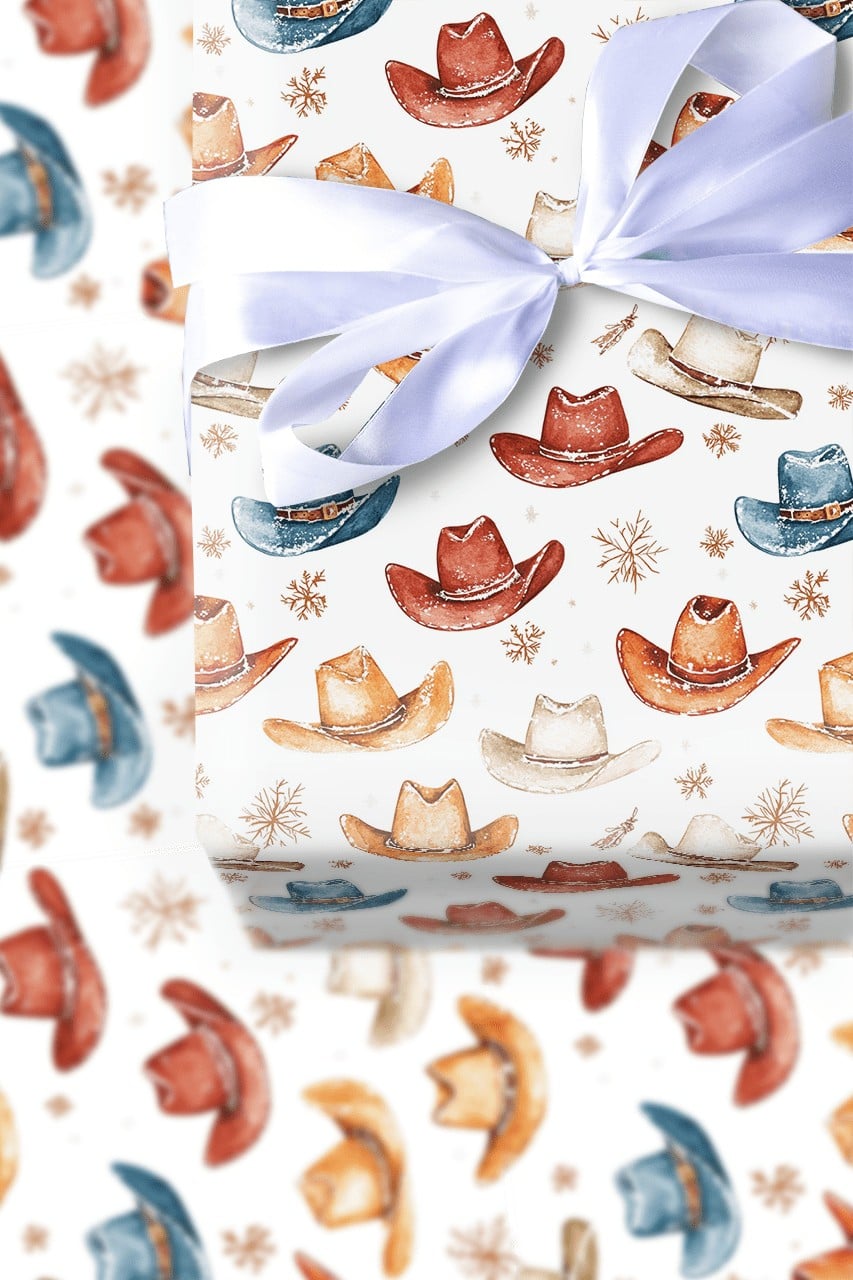 Western Holiday Gift Wrap, Watercolor Cowboy Hat Wrapping Paper, Rustic Country Christmas Present Wrap, Snowflake Festive Pre