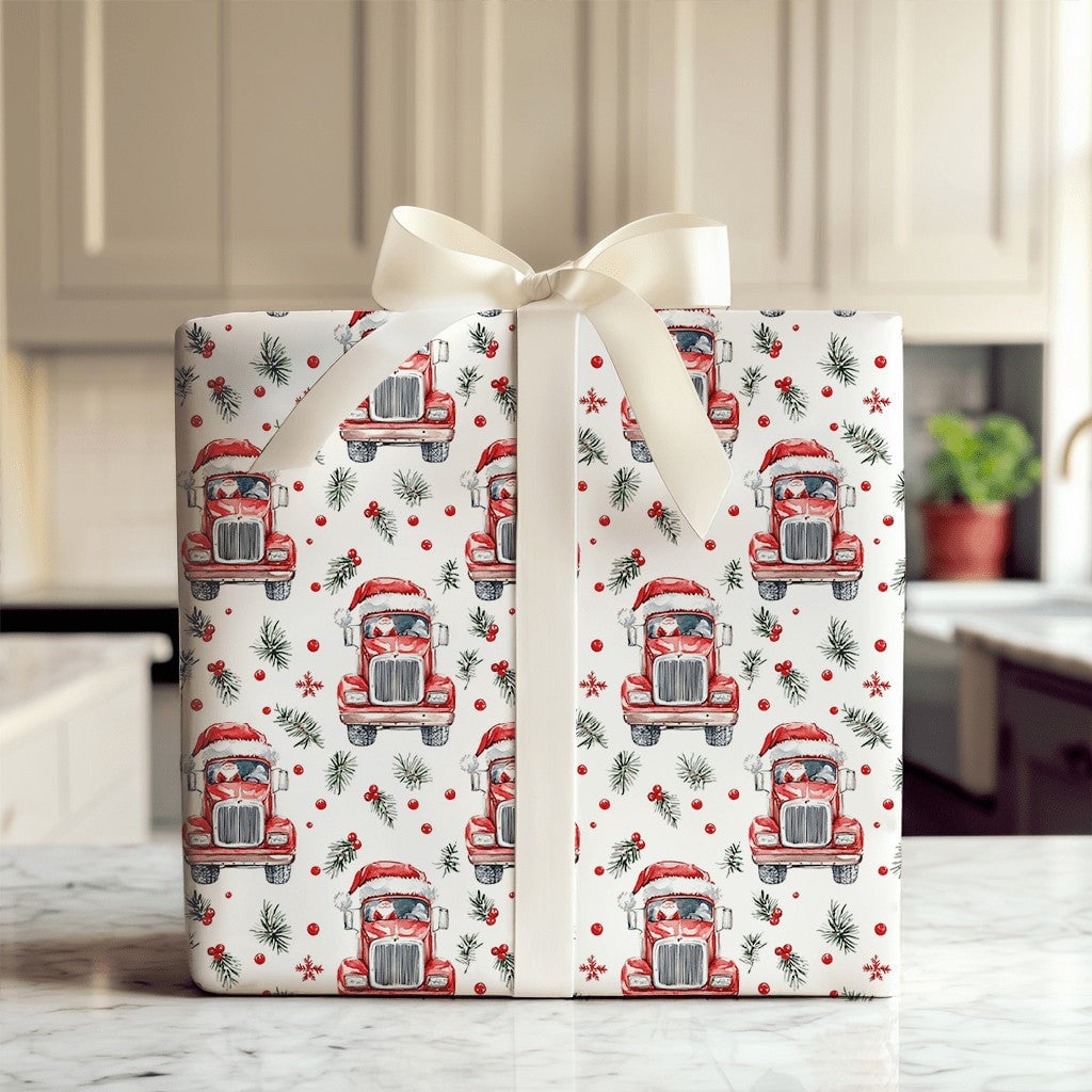 Christmas Trucker Gift Wrap, Santa Driving Semi Truck Wrapping Paper, Holiday Truck Driver Wrapping Paper Rolls, Festive Xmas