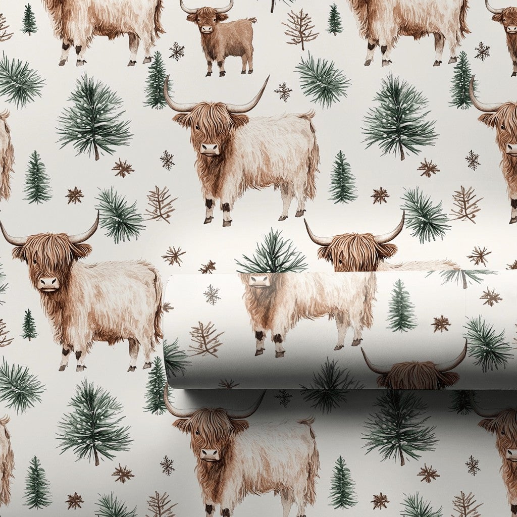 Rustic Winter Calf Gift Wrap, Highland Cow Christmas Wrapping Paper, Farmhouse Pine Tree Wrapping Paper, Watercolor Cow Holid