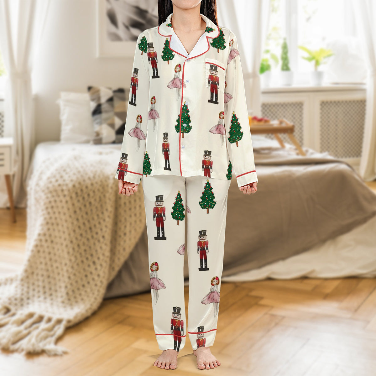 Ballet Dancer Satin Pajamas, Nutcracker Christmas Pajama Set, Festive Holiday Pajamas, Long Sleeve Sleepwear Set, Women Loung