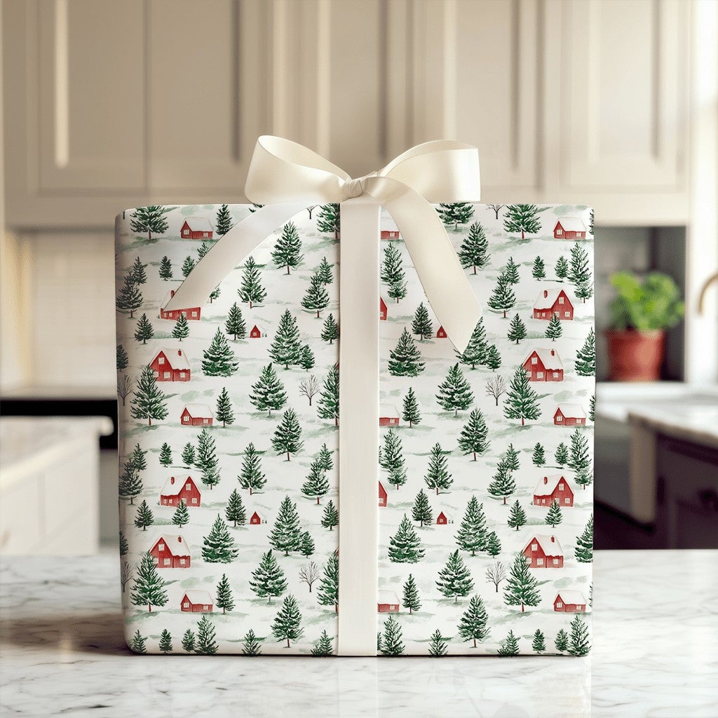 Pine Tree Christmas Gift Wrap, Watercolor Snowy Village Wrapping Paper, Winter Village Holiday Wrapping Paper, Rustic Xmas Gi
