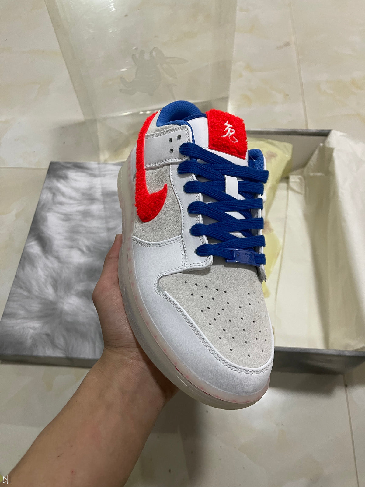 Low Top Sneakers, Blue White Red Colorway, Lace Up Design, Casual Gift for Sneaker Fans