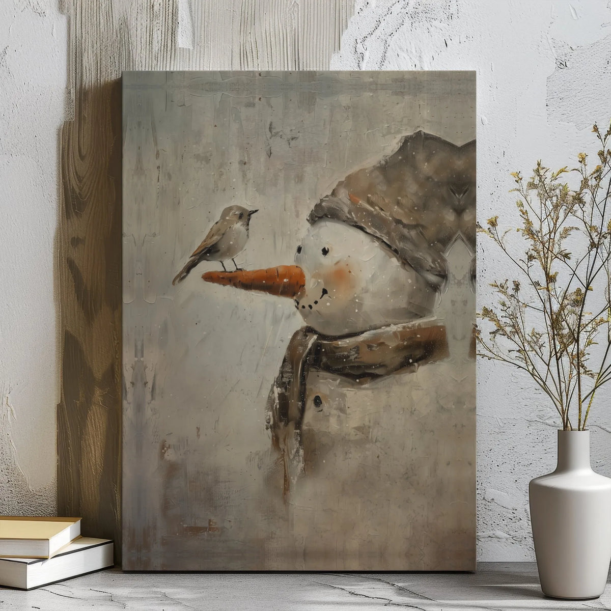 Painterly Winter Bird Carrot Nose Canvas Print, Snowman with Bird Canvas Wall Art, Christmas Holiday Decor, Festive Home Wall