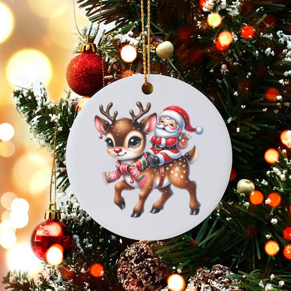Adorable Holiday Ceramic Keepsake, Santa Riding Reindeer Christmas Ornament, Whimsical Xmas Tree Hanging Decor, Fun Stocking 