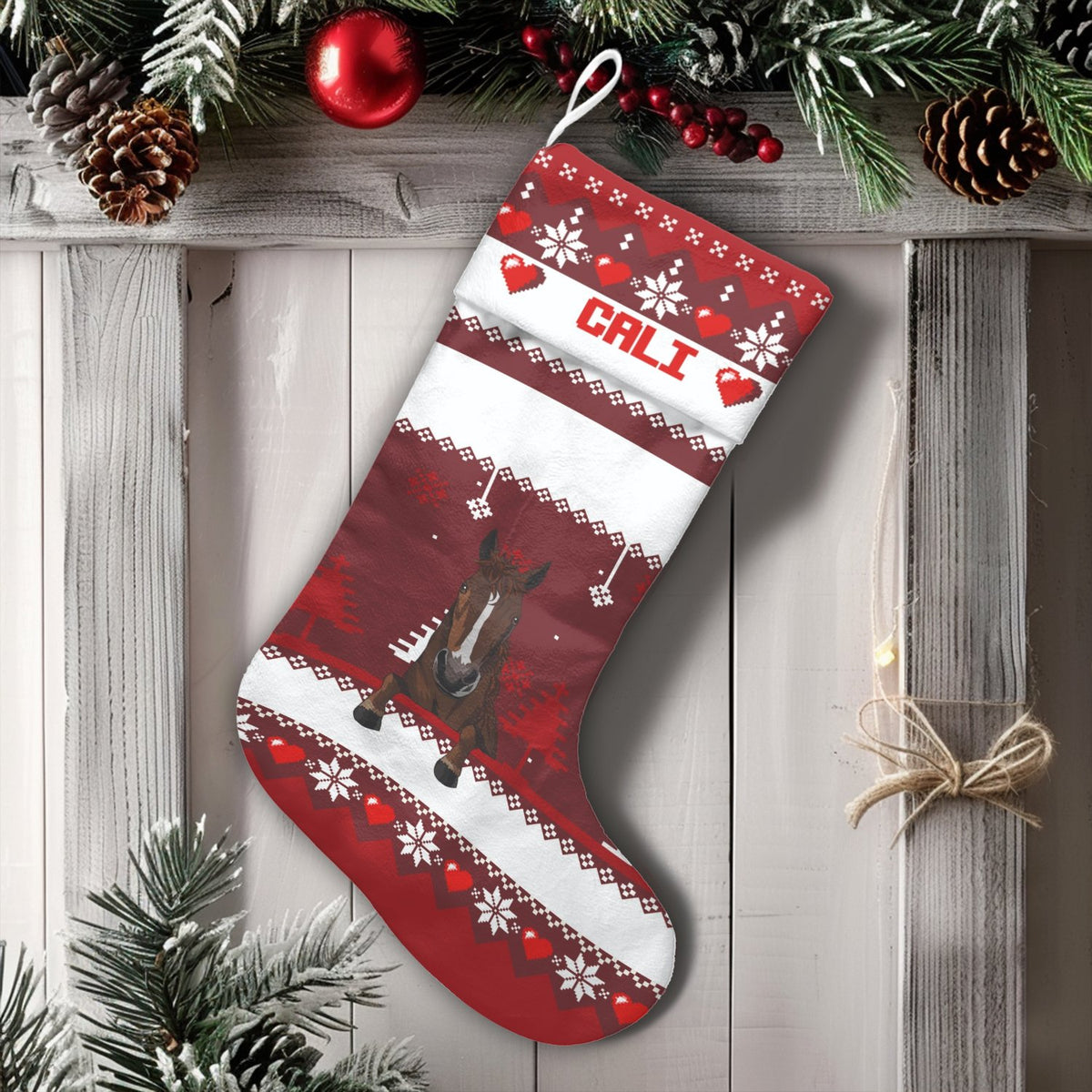 Custom Name Holiday Stocking, Personalized Horse Christmas Stocking, Velboa Equestrian Xmas Stocking, Horse Lover Fireplace M