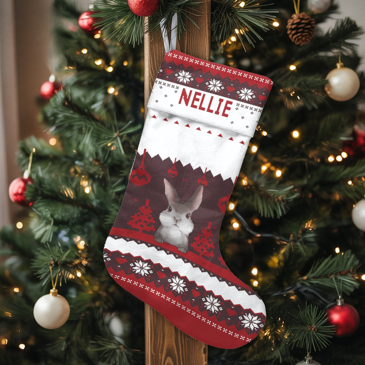 Nordic Rabbit Holiday Stocking, Adorable Bunny Christmas Stocking, Personalized Christmas Stocking, Custom Pet Stocking, Xmas
