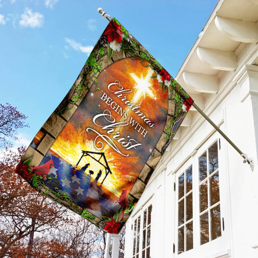 Holy Family Nativity Scene Yard Flag, Christmas Begins with Christ Garden Flag, Double-Sided Christian Christmas Lawn Flag, X