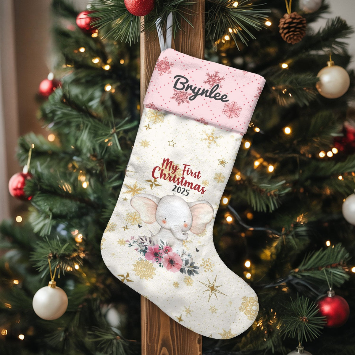 My First Christmas Stocking 2025, Personalized Baby Elephant Christmas Stocking, Baby Girl Floral Holiday Stocking, Custom Ke