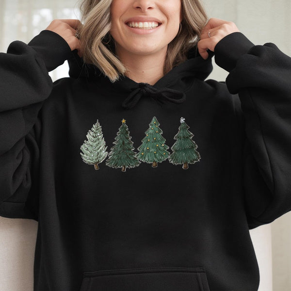 Minimalist Pine Trees Holiday Sweatshirt, Christmas Tree Hoodie, Festive Winter Hooded Pullover, Adorable Christmas Hoodie Pr