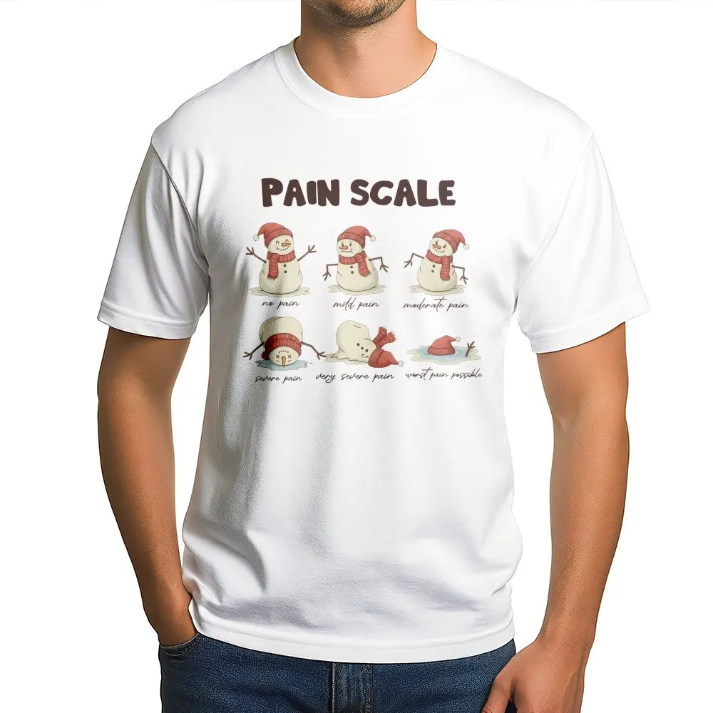 Humorous Medical Humor Shirt, Snowman Pain Scale Christmas Nurse T-Shirt, Holiday Healthcare Graphic Tee, Winter Hospital Tee