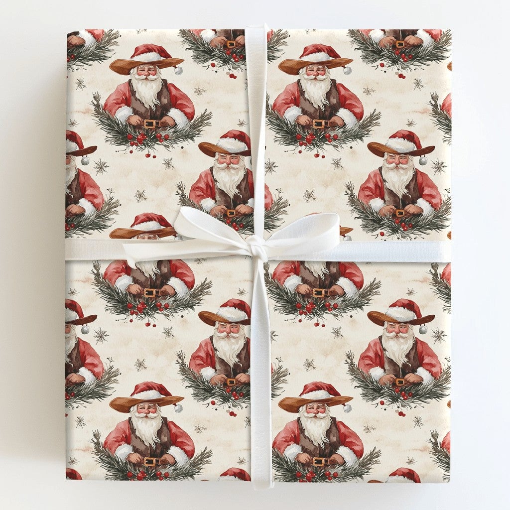 Watercolor Country Christmas Gift Wrap, Rustic Cowboy Santa Wrapping Paper, Western Santa Wreath Holiday Paper, Vintage Xmas 