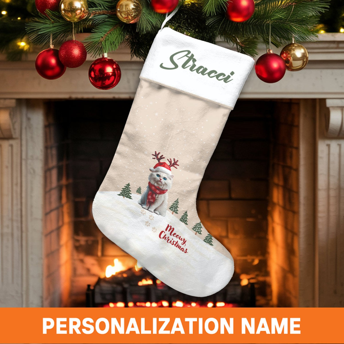 Custom Cat Christmas Stocking, Personalized Reindeer Cat Christmas Stocking, Adorable Pet Holiday Stocking, Velboa Fabric Xma