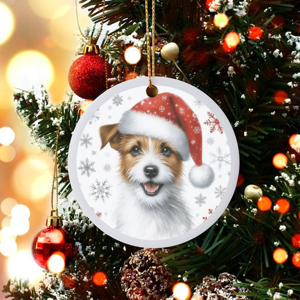 Santa Hat Dog Christmas Ornament, Jack Russell Terrier Ceramic Ornament, Adorable Dog Lover Holiday Tree Decor, Festive Pet K