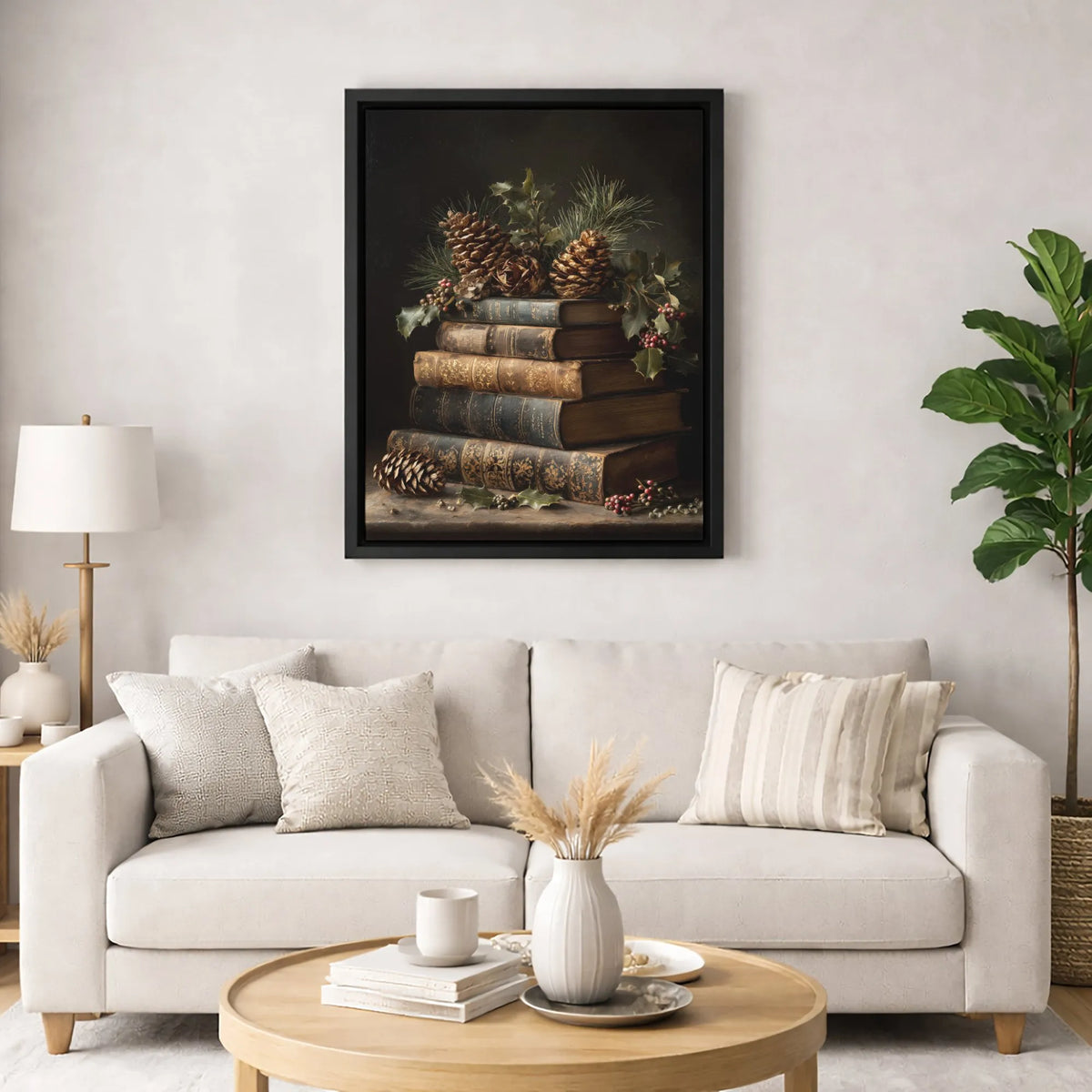 Christmas Book Still Life Canvas Art, Vintage Book Stack Wall Art, Dark Academia Holiday Wall Art Print, Holly Berry Decor, D