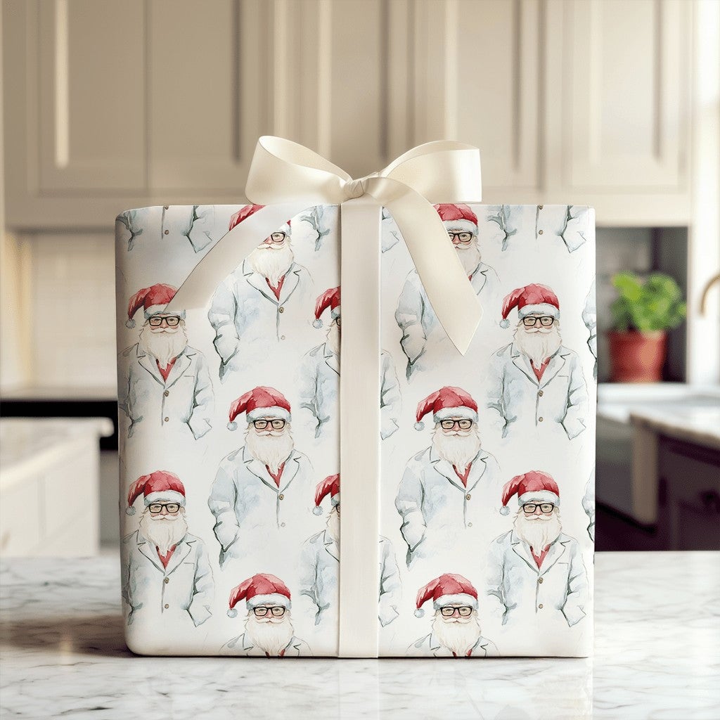 Scientist Christmas Gift Wrap, Doctor Santa Wrapping Paper, Medical Professional Holiday Wrapping Paper, Lab Coat Santa Gift 