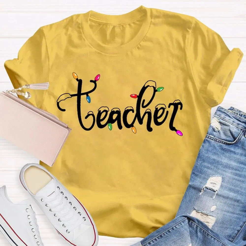 Adorable Holiday Educator Graphic Tee, Christmas Lights Snow Teacher T-Shirt, Festive Winter Teacher Shirt, Merry Christmas P