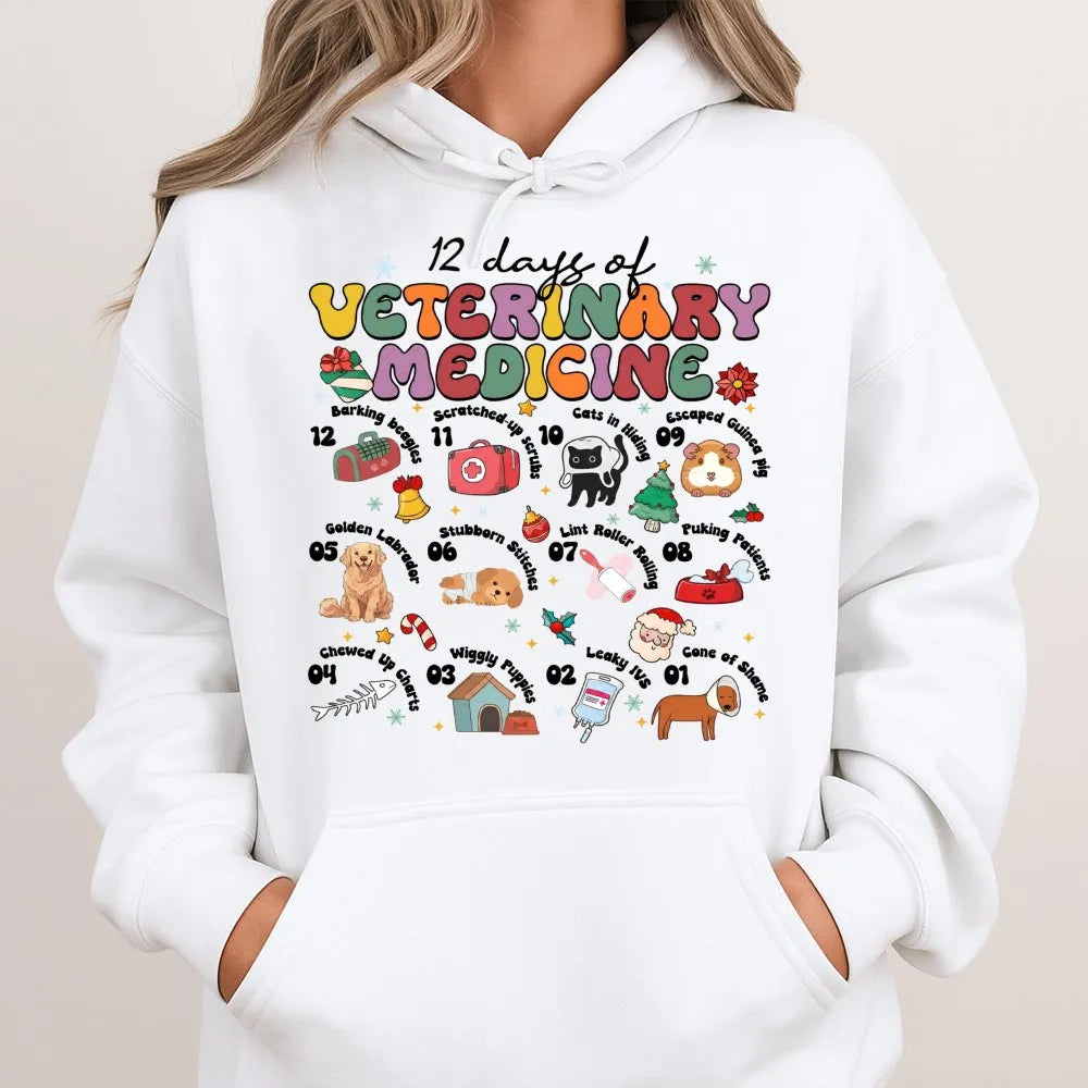 Humorous Vet Tech Christmas Sweatshirt, 12 Days of Veterinary Medicine Hoodie, Animal Doctor Hooded Pullover, Holiday Present