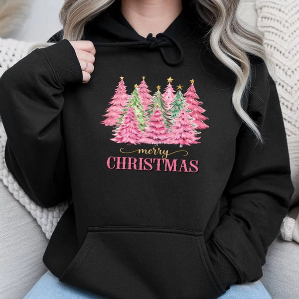 Aesthetic Pine Trees Hooded Sweatshirt, Pink Christmas Tree Hoodie, Adorable Pink Holiday Tree Hoodie, Festive Tree Pullover,