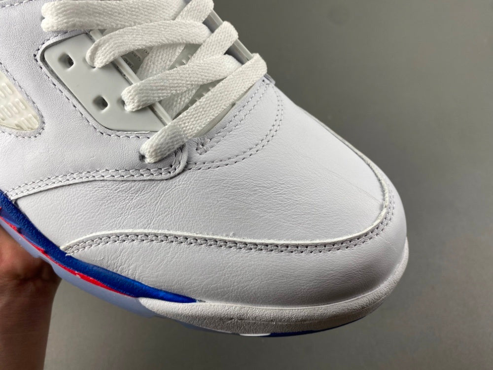 High Top Sneakers, Blue White Red Colorway, Leather Footwear, Lace Up Design, Casual Gift for Sneaker Fans