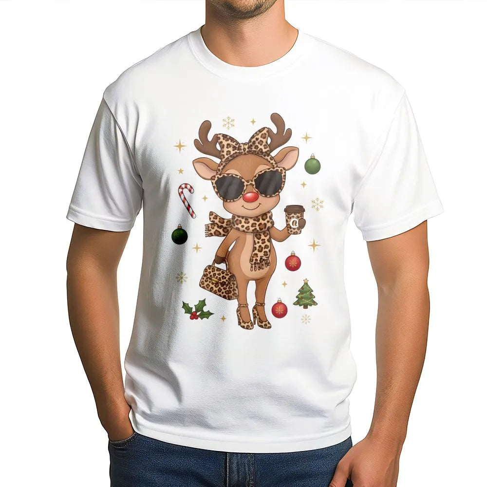 Leopard Print Christmas T-Shirt, Boujee Reindeer T-Shirt, Adorable Holiday Animal Graphic Tee, Retro Winter Reindeer Shirt, W