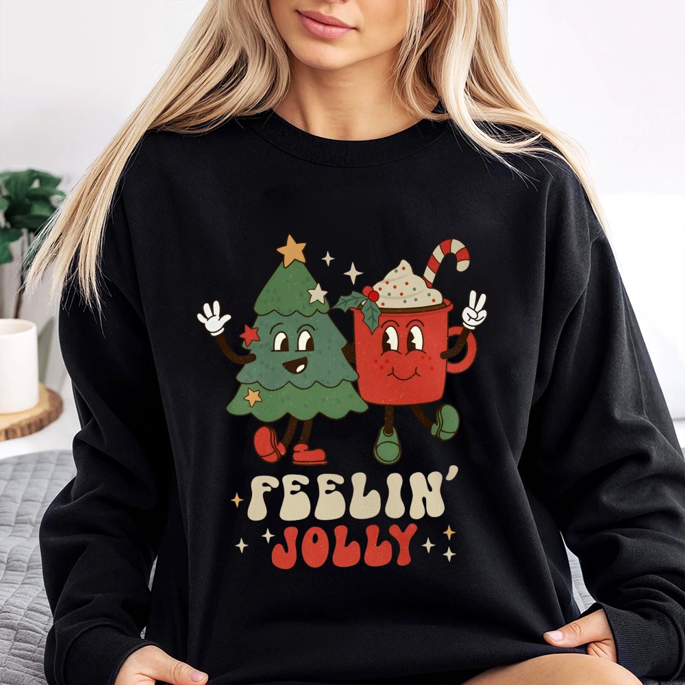 Retro Holiday Tree Sweatshirt, Feelin' Jolly Christmas Sweatshirt, Adorable Hot Cocoa Graphic Crewneck, Vintage Christmas Swe