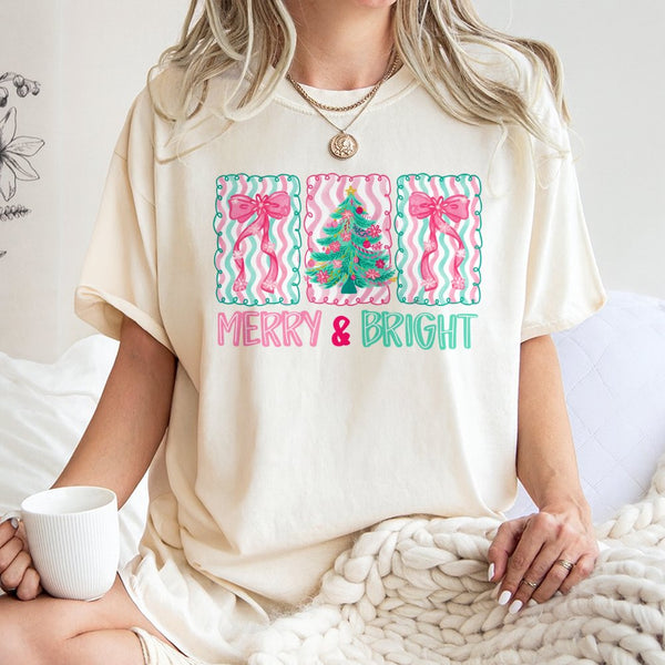Merry and Bright Holiday T-Shirt, Pastel Christmas Tree Bows Shirt, Adorable Coquette Christmas Graphic Tee, Festive Holiday 