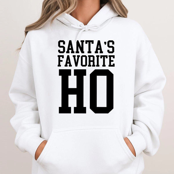 Humorous Adult Christmas Sweatshirt, Santa's Favorite Ho Hoodie, Naughty Xmas Holiday Party Pullover, Sarcastic Santa Hooded 