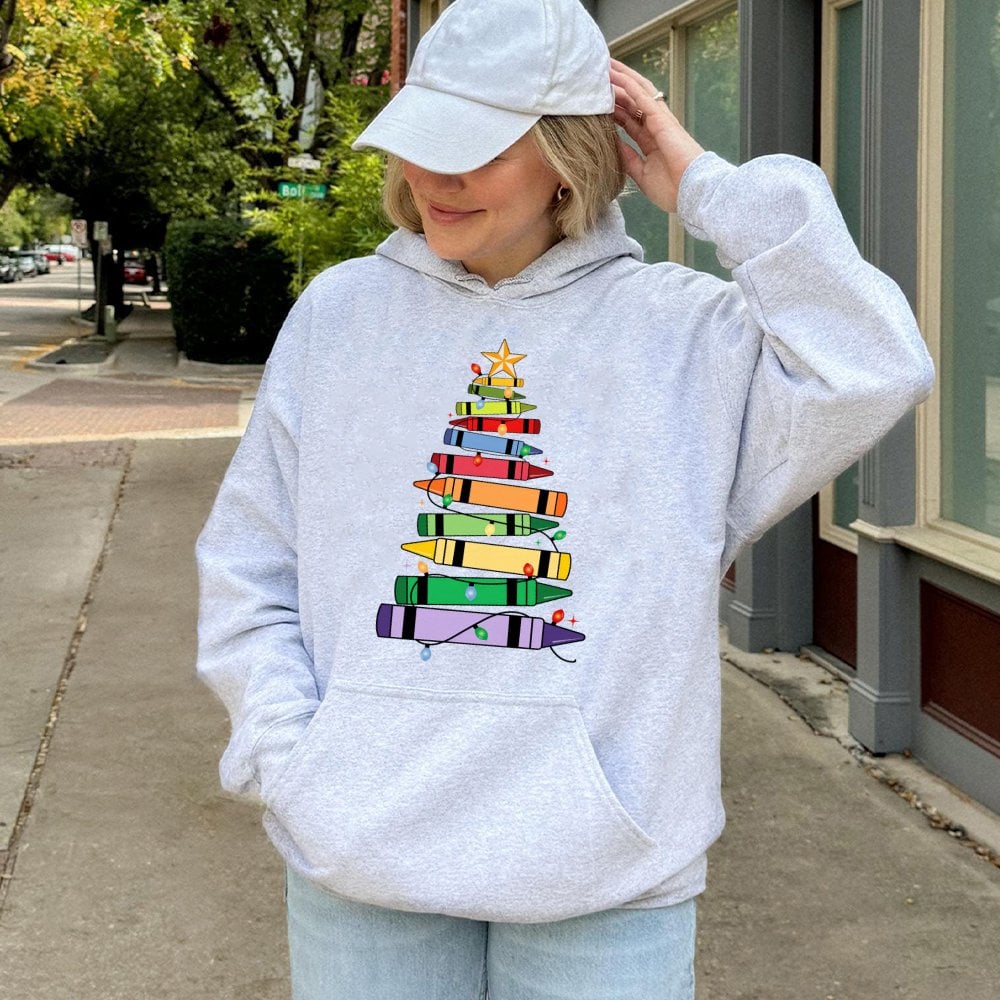 Teacher Holiday Crayon Sweatshirt, Christmas Crayon Tree Hoodie, Elementary School Educator Pullover, Adorable Festive Winter