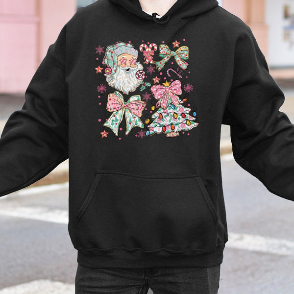 Pink Aesthetic Tree Holiday Sweatshirt, Coquette Christmas Bow Santa Hoodie, Preppy Winter Pullover, Trendy Girly Xmas Presen