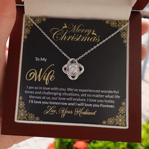 Merry Christmas Wife Pendant Necklace, Love Knot Necklace for Wife, Cubic Zirconia Love Knot Necklace, Romantic Wife Annivers