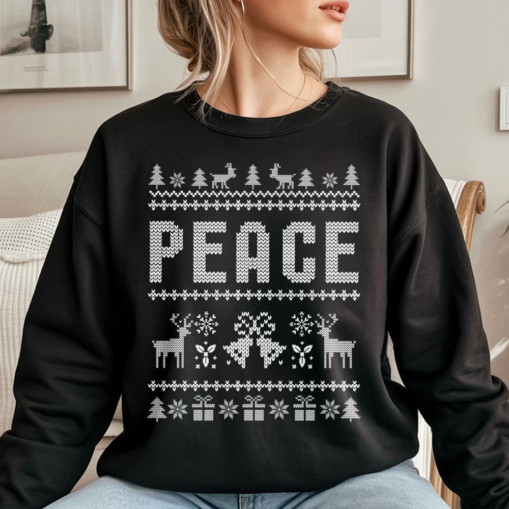 Reindeer Snowflake Pattern Sweater, Peace Ugly Christmas Sweatshirt, Humorous Retro Xmas Party Crewneck, Holiday Fair Isle Pu