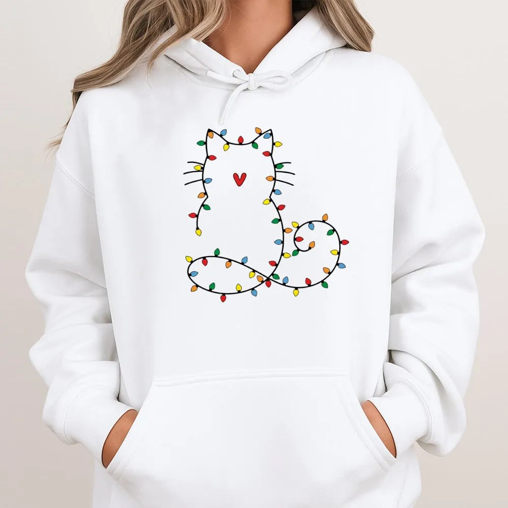 Fairy Lights Kitty Sweatshirt, Cat Christmas Hoodie, Adorable Cat Holiday Hooded Pullover, Festive Kitten Christmas Hoodie, P