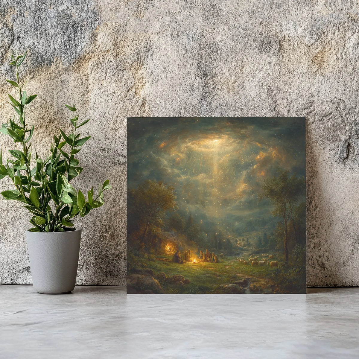 Bethlehem Shepherds Divine Light Painting, Nativity Shepherds Square Canvas, Christian Christmas Wall Decor, Religious Holida