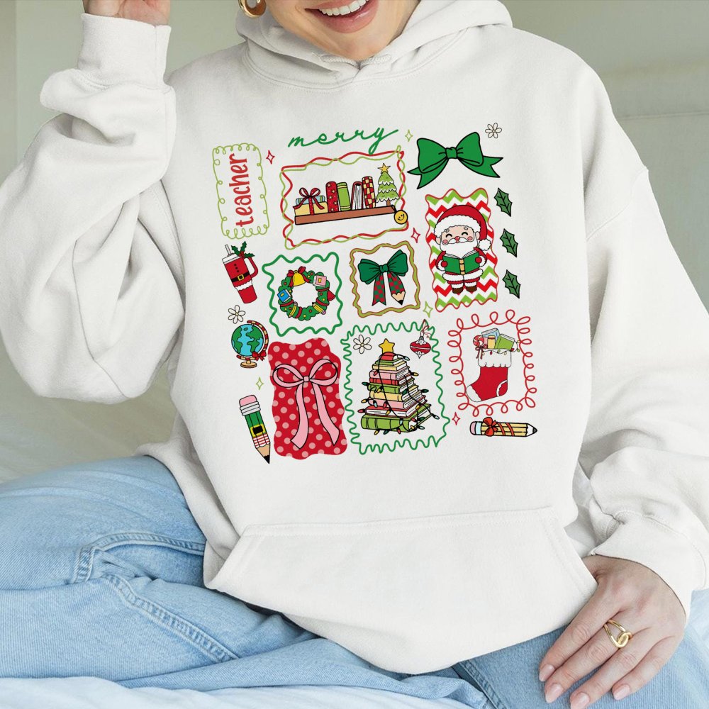 Book Stack Holiday Hoodie, Teacher Christmas Hoodie, Adorable Santa Teacher Sweatshirt, School Educator Christmas Hoodie, Mer