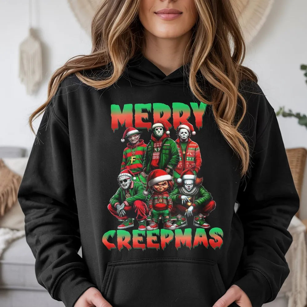 Scary Movie Christmas Hoodie, Merry Creepmas Horror Hoodie, Creepmas Graphic Hooded Sweatshirt, Horror Fan Pullover Hoodie, H