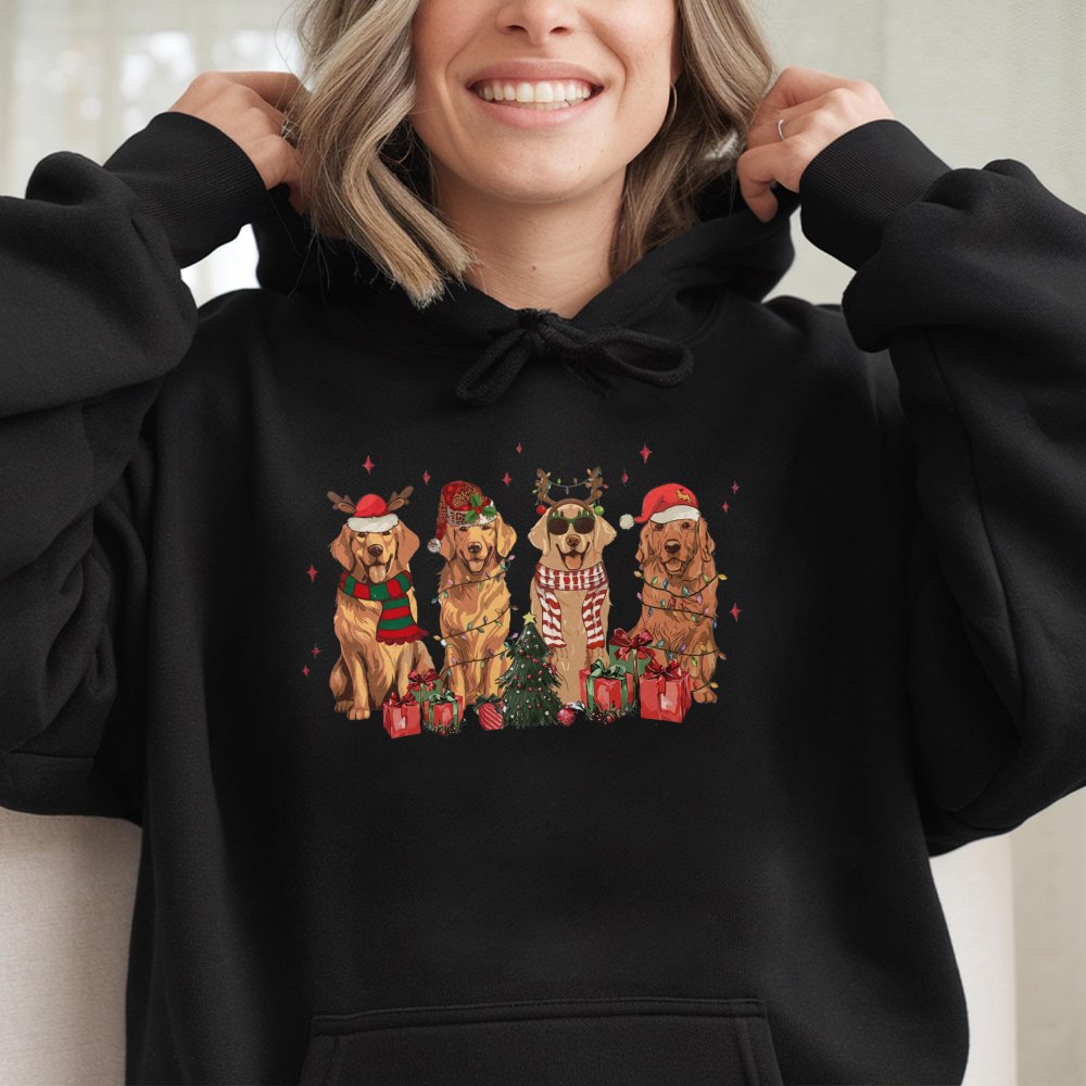 Adorable Dog Mom Holiday Hoodie, Golden Retriever Christmas Hoodie, Santa Dog Winter Hooded Sweatshirt, Festive Pet Lover Pul