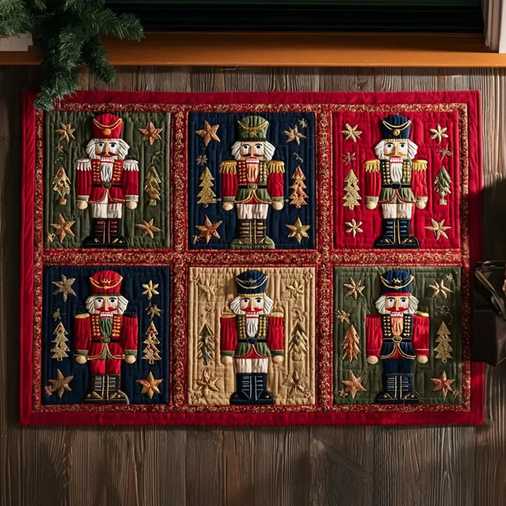 Festive Soldier Patchwork Welcome Mat, Nutcracker Christmas Doormat, Vintage Holiday Front Door Rug, Traditional Xmas Entry D