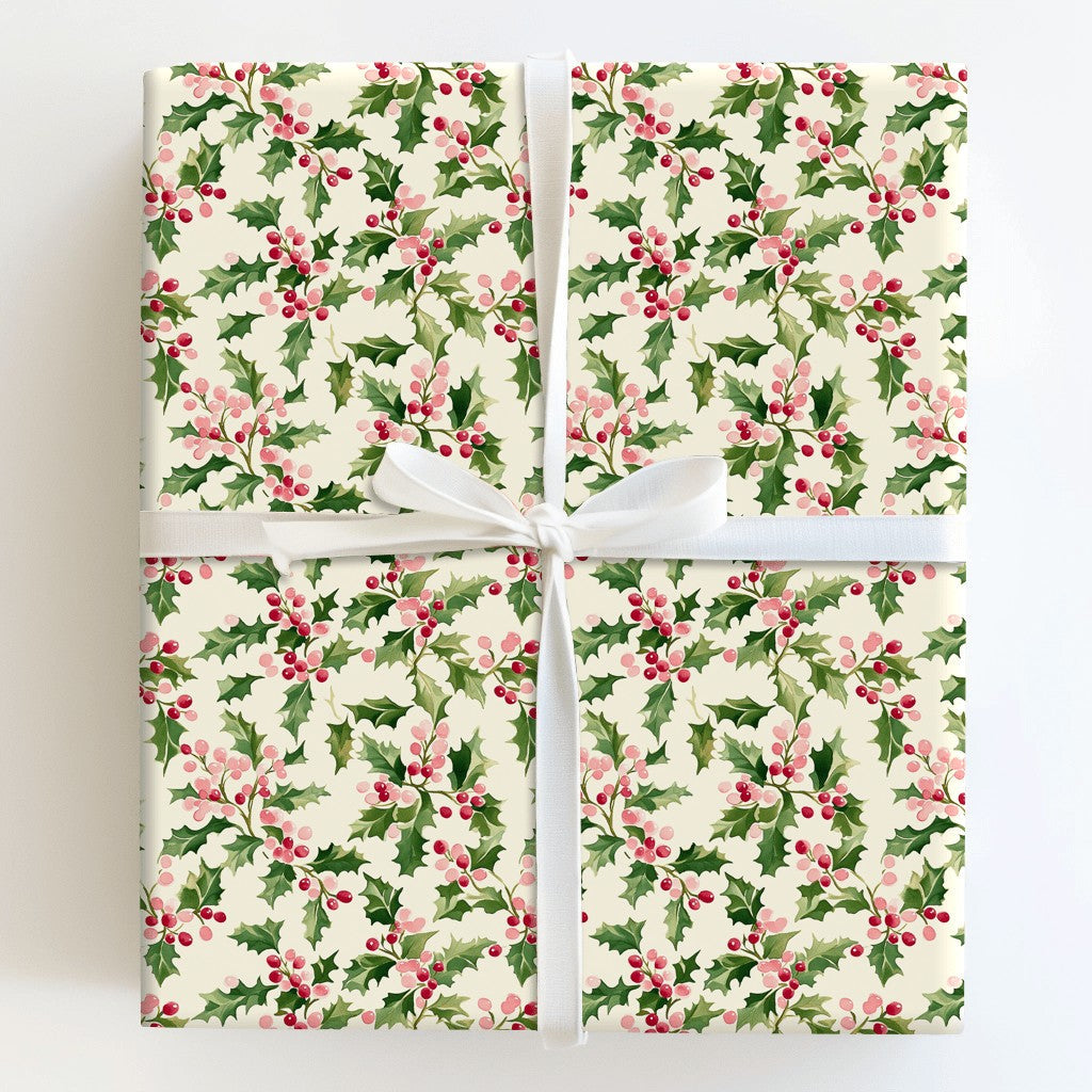 Christmas Botanical Gift Wrap, Watercolor Holly Wrapping Paper, Vintage Holiday Berry Wrapping Paper, Winter Christmas Gift W