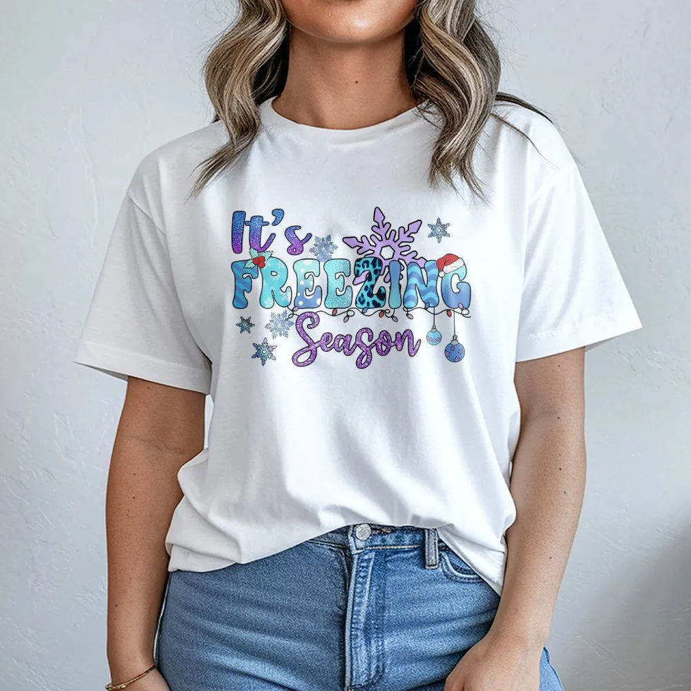 Retro Groovy Snowflake T-Shirt, It's Freezing Season Shirt, Adorable Winter Holiday Graphic Tee, Comfy Christmas Season Shirt