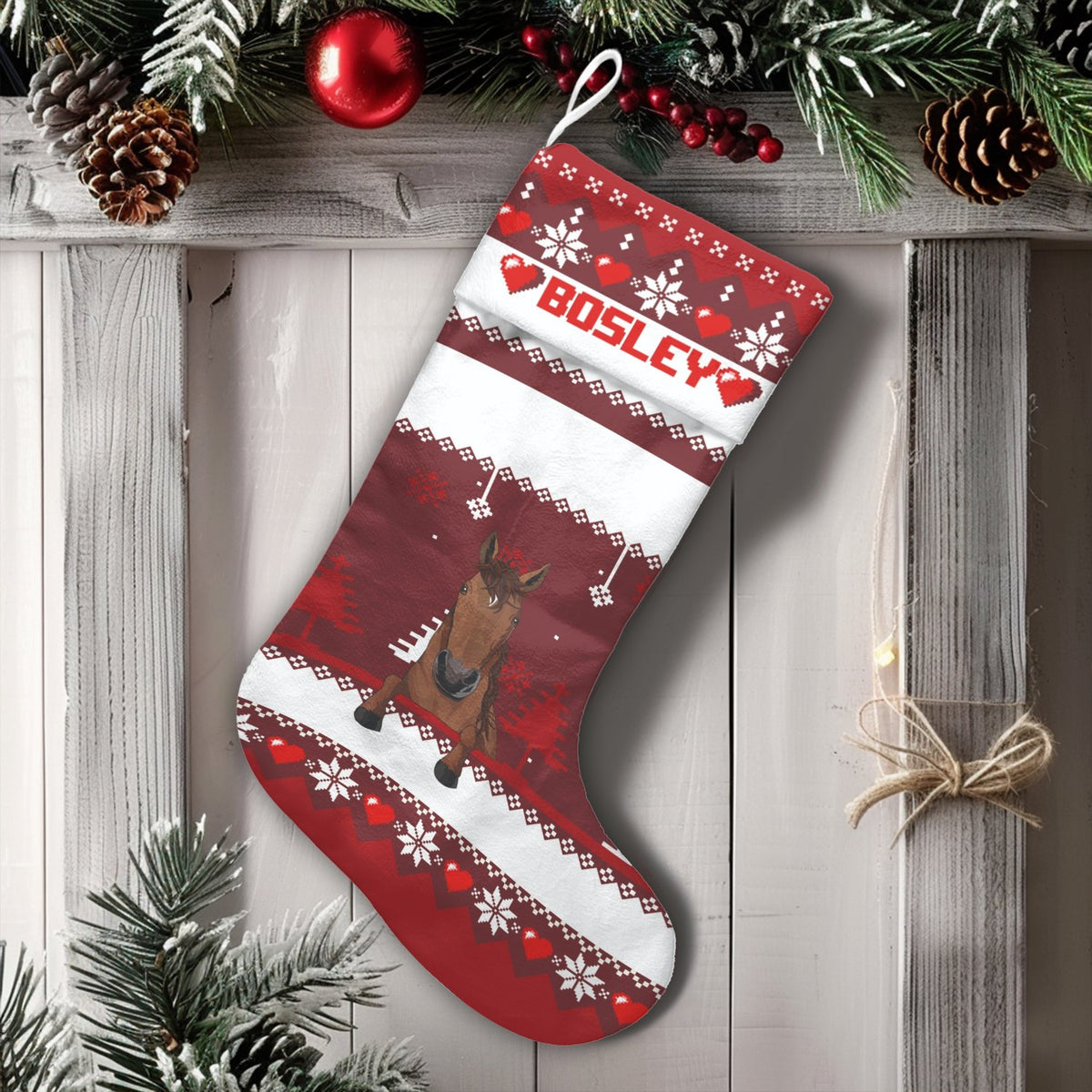 Fair Isle Velboa Stocking, Personalized Horse Christmas Stocking, Custom Name Equestrian Holiday Decor, Fireplace Christmas S