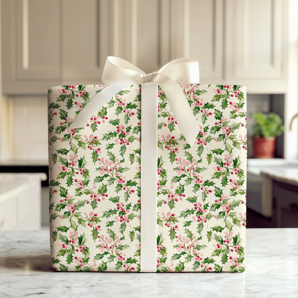 Christmas Botanical Gift Wrap, Watercolor Holly Wrapping Paper, Vintage Holiday Berry Wrapping Paper, Winter Christmas Gift W